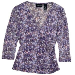 Y2k New York & Company Purple Floral Sheer Faux Wrap Top